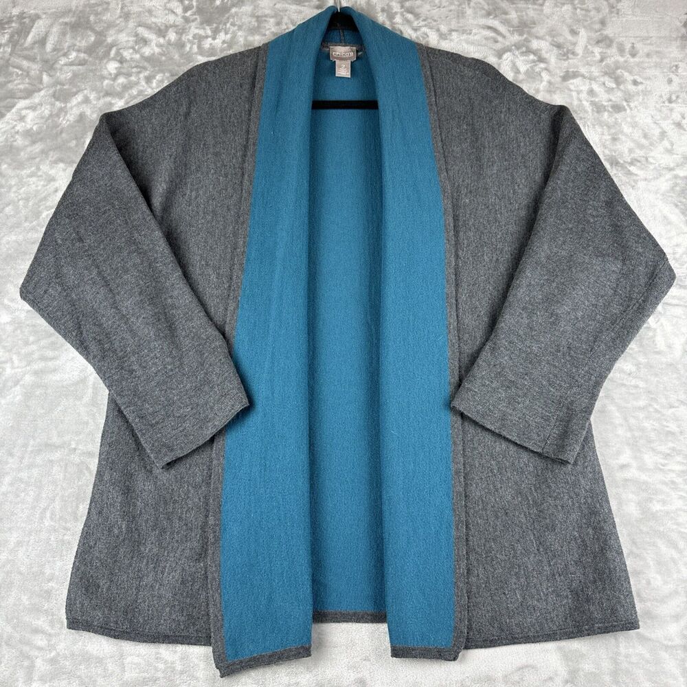 Chico's Open Front Cardigan Womens‎ Large/ 2 Grey Blue Trim Cozy Lounge (0920)